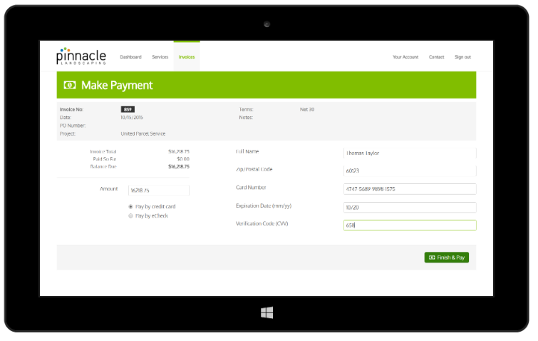 Landscaping customer portal software make payment tool